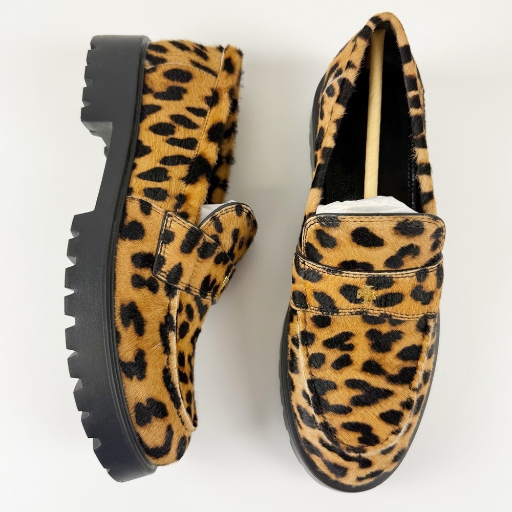 Tory Burch Classic Lug Loafer Leopard Womens 7 Tan Black Printed Calf Hair NEW